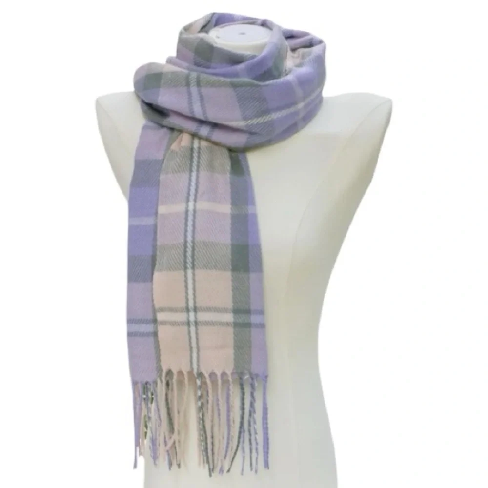 Winter Knit, Long Purple Plaid Scarf With Fringe New